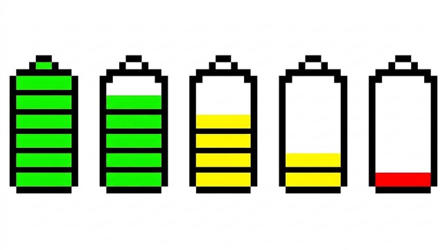 Pixel art battery level indicators showing energy status from full to empty, retro 8-bit gaming icons for power charge levels, colorful digital battery life symbols on white.