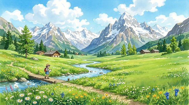 Young girl hiker crossing wooden bridge in lush alpine meadow, watercolor mountain landscape illustration, adventure travel concept, peaceful nature scenery with wildflowers.
