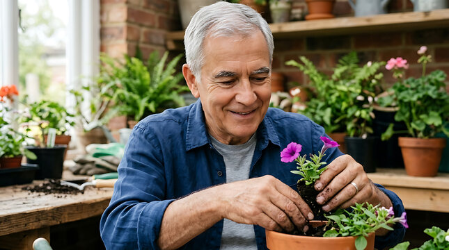 elderly man joyful gardening with vibrant purple flowers in sunny greenhouse setting