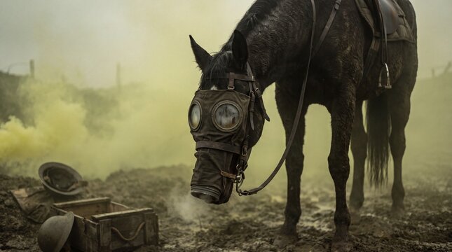 Horse in Gas Mask Stands in Muddy Battlefield with Yellow Smoke, WWI Era Scene