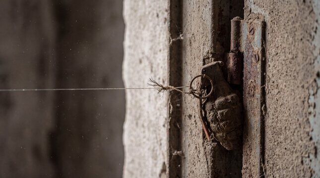 Improvised Explosive Device (IED) Trap: Hand Grenade Attached to Tripwire in Dusty, Abandoned Interior