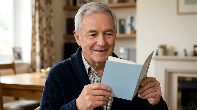 smiling elderly man reading a light blue card in a cozy home environment with warm interior decor
