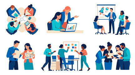 Fototapeta premium Business professional team members working together in a set of flat vector graphic office scenes illustration