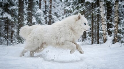 Fototapeta premium Samoyed Running Along a Snowy Trail