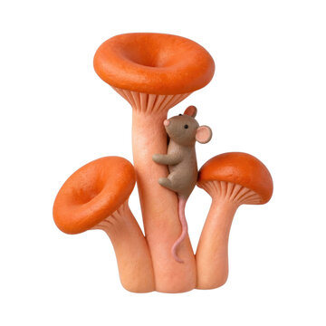 PNG Playful mouse climbing giant orange mushrooms, transparent background
