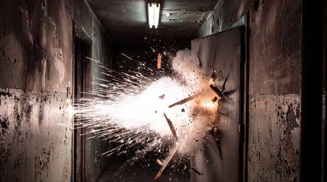 Violent explosion breaches metal door in dimly lit, gritty corridor with debris flying and bright sparks