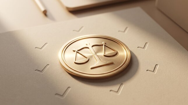 Elegant 3D golden scales of justice emblem on textured beige background with embossed checkmark icons, representing efficient law, swift legal compliance, and fair corporate judgment.