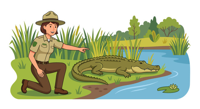 Female wildlife ranger or zookeeper pointing at an alligator resting on a riverbank in a swamp wetland environment flat vector illustration animal art.
