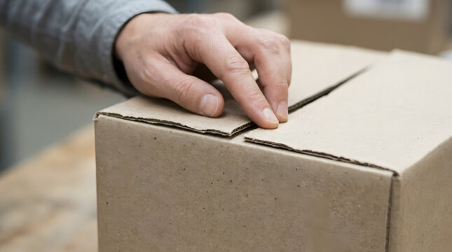 A male hand closing the flap of a brown cardboard box for shipping or storage in a warehouse environment.