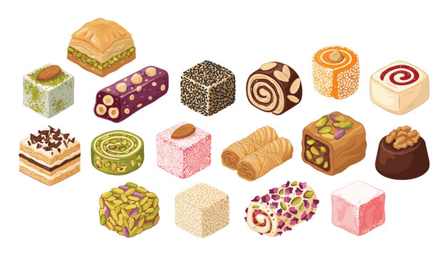 Traditional Middle Eastern desserts set featuring assorted Turkish delight baklava and sweet nut pastries vector illustration isolated on white background