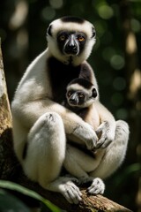 Fototapeta premium Mother crowned sifaka holds baby lemur close on tree branch. These primates native to Madagascar share a warm bond in green forest foliage. Mama and infant sit together.