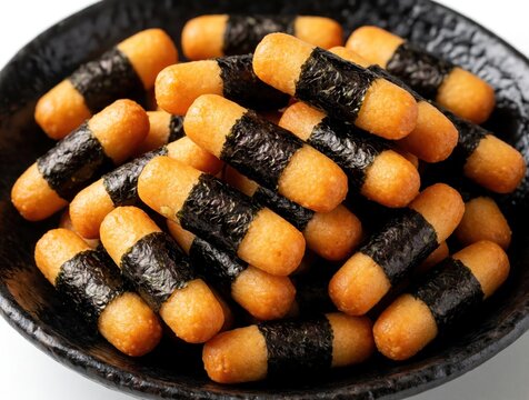 Japanese rice crackers kaki no tane pile in black ceramic bowl. Crispy senbei snacks wrapped in seaweed nori with wasabi flavor. Tasty asian salty confectionery treats served as appetizer side dish