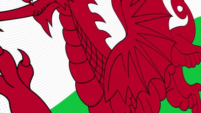 Flag of Wales waving slowly in the foreground and moving upwards.