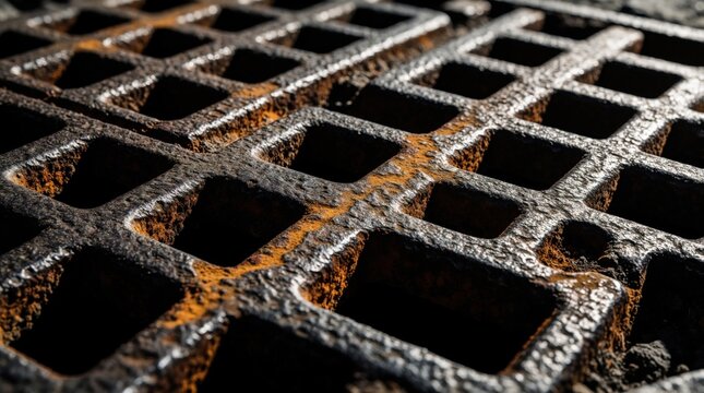 Rusted metal grate texture closeup. Squares cast shadows. Ornate grid pattern shows wear and corrosion. Industrial background offers deep contrast and grunge feel. Macro view reveals detail.