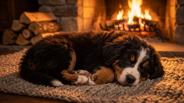 Bernese mountain dog puppy rests peacefully on a rug before a fireplace