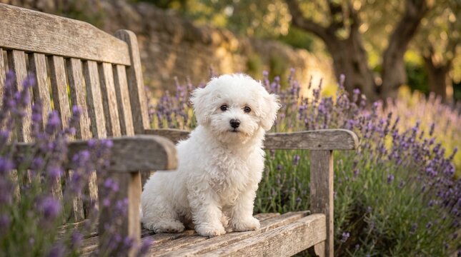 Bichon frise puppy sits on a weathered wooden bench in a garden