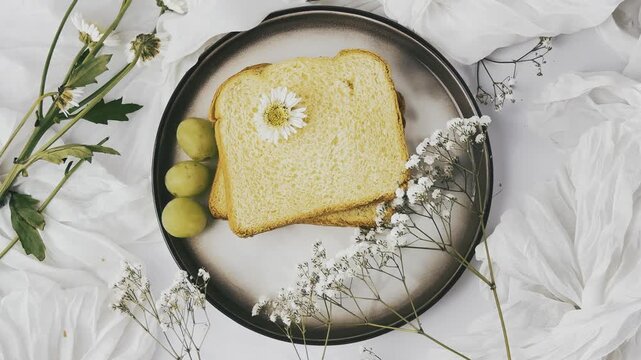 Toasted bread arranged on a dark round plate with small green fruits, delicate white blossoms, and flowing pale fabric surrounding the setting.