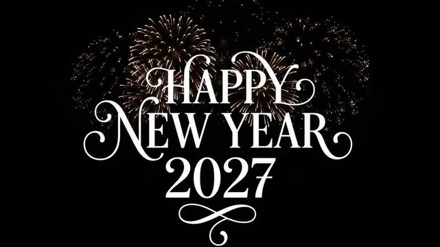 Happy New Year 2027 elegant greeting typography with fireworks against dark background