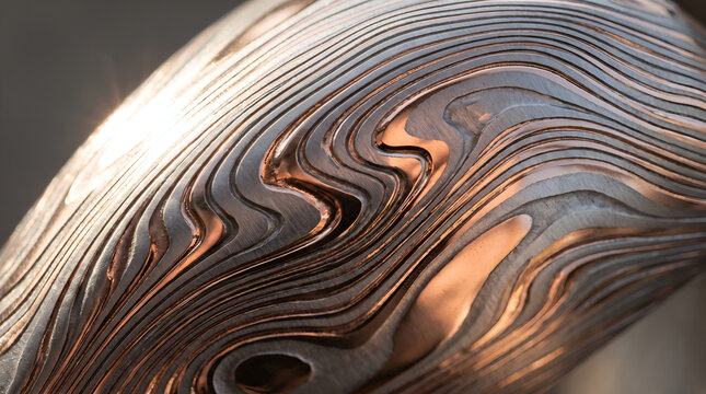 Macro view of luxurious folded metal patterns combining matte silver titanium and reflective rose gold Damascus steel waves representing deep neural network layers for modern fintech web wallpaper