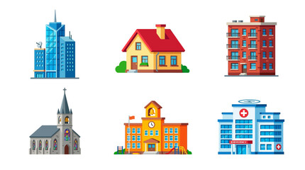 Naklejka premium Set of colorful flat design icons of different types of buildings including houses, apartment complexes, churches, schools, hospitals, and skyscrapers