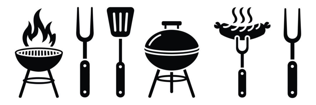 BBQ Grill Icon Featuring Barbecue Tools, Spatula, Grill Fork, Picnic Fire, and Clean Black and White Vector Design for Food Graphics