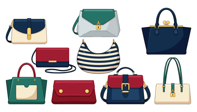Women fashion handbags vector set with leather tote shoulder crossbody bag clutch and elegant purse varieties for retail shopping apparel