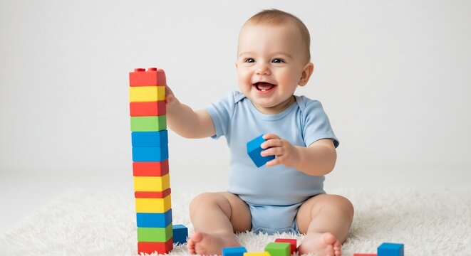 Joyful Toddler Building Blocks: A beaming toddler sits on a fluffy rug, delightedly stacking colorful building blocks, learning and exploring the world of play.