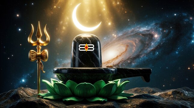 Sacred Shiva Linga with crescent moon, golden trident sits on green lotus. Hindu deity symbol glows against cosmic galaxy background. Mystical spiritual icon represents divine energy, meditation,