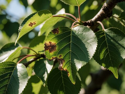 Diseased apricot tree leaf with brown spots and damaged edges. Healthy green foliage nearby on tree branch. Plant sick with blight or fungus.
