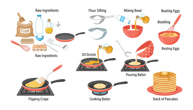 Step by step pancake making process vector set with raw ingredients mixing bowl pouring batter and flipping crepes.