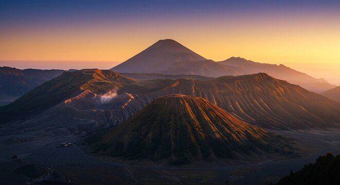 Volcanic Sunrise Majesty: A breathtaking panorama of volcanic peaks bathed in the golden hues of sunrise, highlighting the raw power and beauty of the earth's geology.