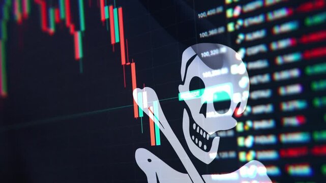 A dynamic timelapse video featuring fast moving stock market candlestick bars blended with a waving Jolly Roger flag, representing financial cybercrime, stock market hacking, and digital piracy.