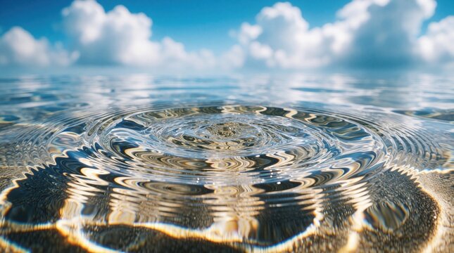 Clear water ripples create circular patterns on shallow sea surface. Sunlight reflects through calm waves showing sandy bottom. Blue sky with white clouds reflects on liquid texture. Peaceful ocean