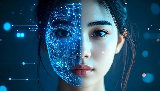 Close-up female portrait with one half transformed into a glowing circuit network, representing AI, digital identity, machine intelligence, technology, and the future of human computing.