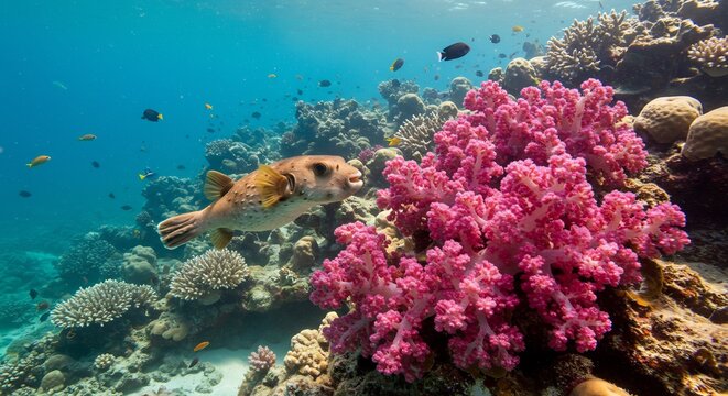 Pufferfish Among Vibrant Corals: A solitary pufferfish navigates a vibrant coral reef, showcasing the underwater world's stunning biodiversity and intricate ecosystems.