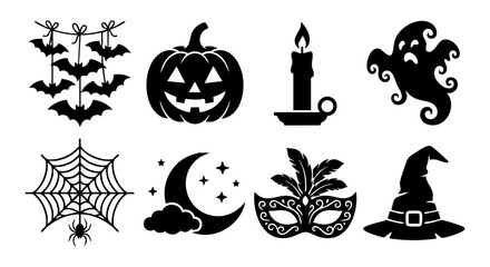 Fototapeta premium Halloween silhouette icons with pumpkin ghost candle bats and spider web