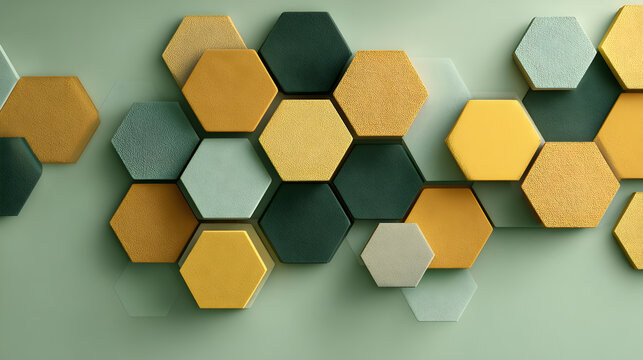 Abstract geometric pattern of colorful 3d hexagon shapes on a green wall