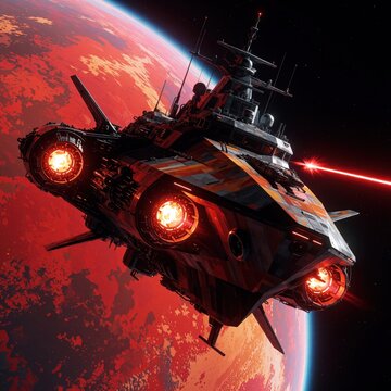 Spaceship with glowing engines fires laser near red planet. Futuristic gunboat moves through cosmos, stars and nebula visible. Sci fi craft navigates interstellar space.