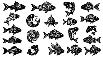 Fototapeta premium Black and White Stylized Fish Silhouettes Vector Art, Marine Life Illustration
