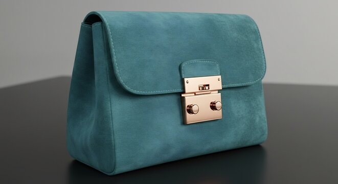 Teal Suede Handbag: A chic teal suede handbag with a golden clasp is showcased on a dark surface, offering a touch of modern elegance and sophisticated style.