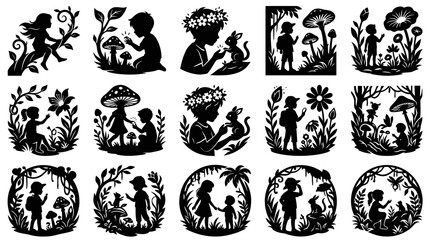 Obraz premium Enchanted Forest Silhouette Bundle: Children, Nature, Fairies, Mushrooms, Animals