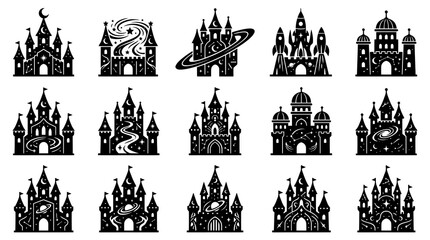 Fototapeta premium Black White Fantasy Castles with Stars and Rockets, Vector Icons