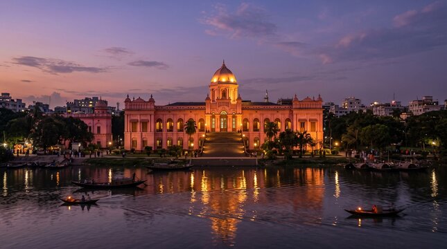 Ahsan Manzil palace illuminated at dusk near Buriganga River Bangladesh