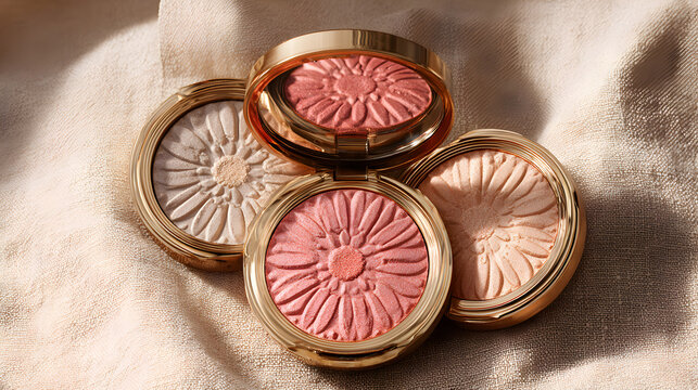 Round makeup powder compacts with floral pattern on a soft fabric surface
