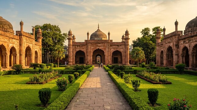 Lalbagh fort gardens feature symmetrical landscaping and red sandstone architecture