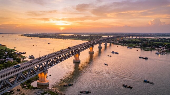 Padma bridge spans the padma river at sunset with boats below