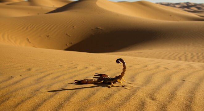 Scorpion in the Sahara Desert: A solitary scorpion traverses the vast, undulating sand dunes of the Sahara Desert, its silhouette stark against the golden expanse under a clear, arid sky.