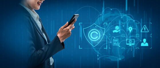 Digital copyright protection system showing secure ownership, intellectual property rights, content...