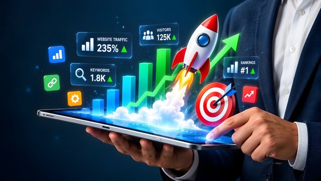 Businessman holding tablet showing digital marketing dashboard with launching rocket growth chart and target symbolizing high traffic