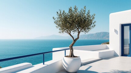 Obraz premium Modern white terrace overlooks blue Mediterranean sea, distant mountains. Small olive tree grows in large ceramic pot on sunny balcony. Scenic coastal view with clear sky, peaceful summer vibes in